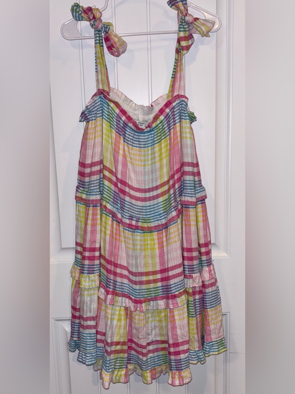 crown & ivy Pink Yellow Blue Plaid Tie-Shoulder Tiered Sundress